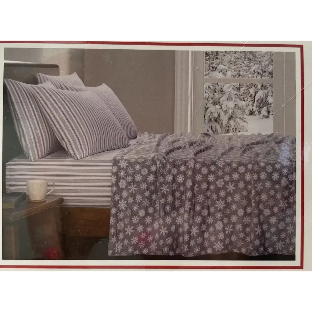 6 Pc SNOWFLAKES Queen Set Winter Holiday Sheets Gray Stripe Plush Sheet Blanket